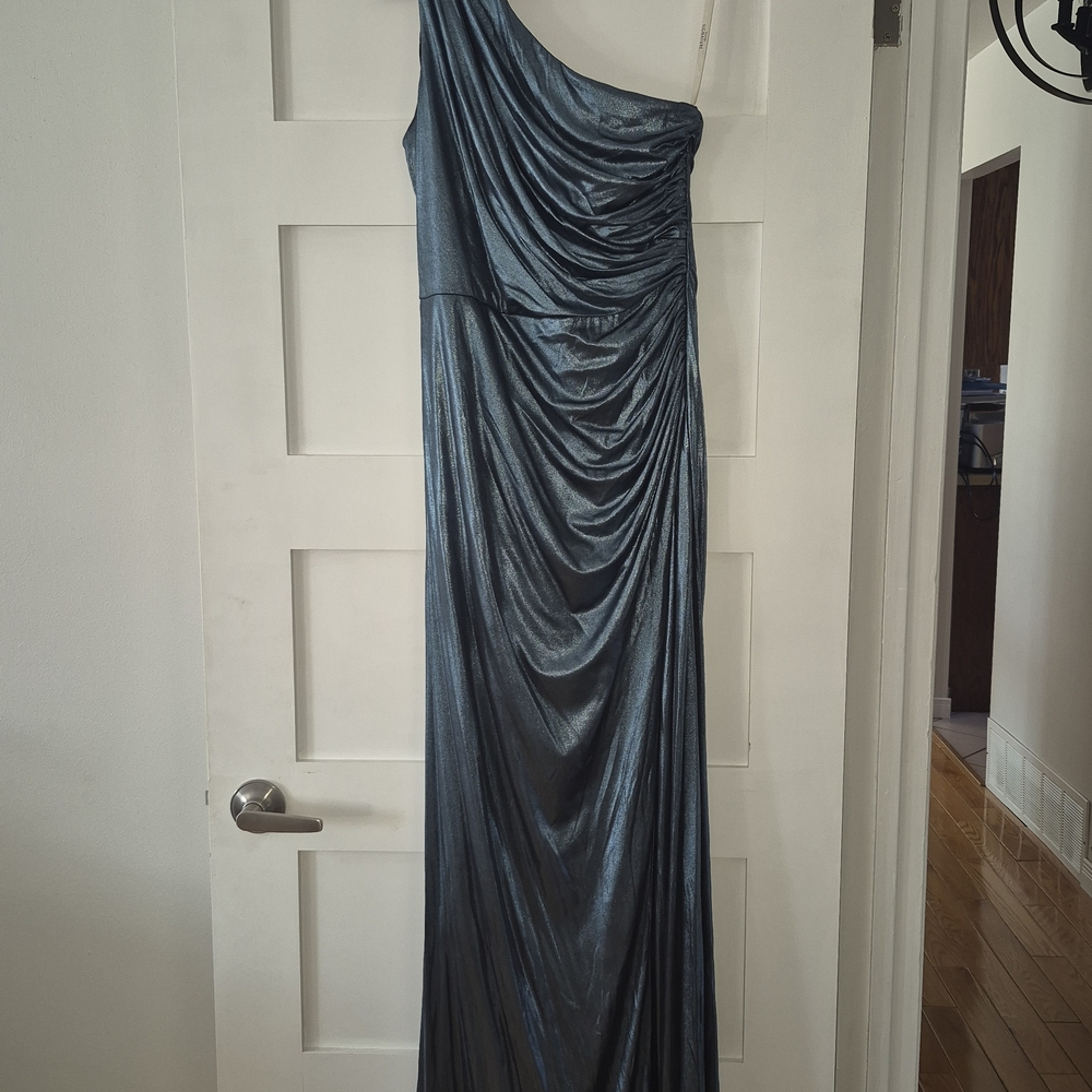 Metallic Navy One-Shoulder Maxi Dress - Evening Gown